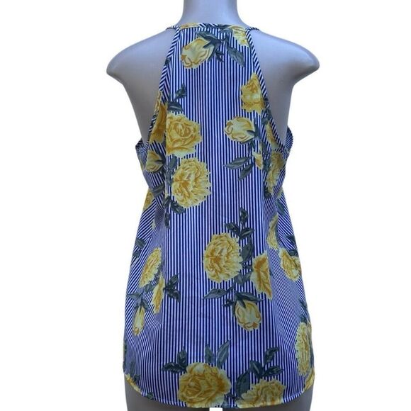 Time To Bloom Blouse Medium Blue Yellow Striped Floral Ruffle Spaghetti Strap - Picture 10 of 16